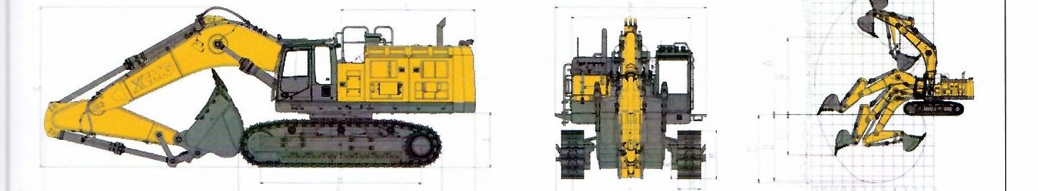 Габаритный чертёж: Карьерный экскаватор XCMG XE800D (Perkins 2406EA) — вид сбоку, вид спереди и диаграмма рабочей зоны с буквенными обозначениями размеров